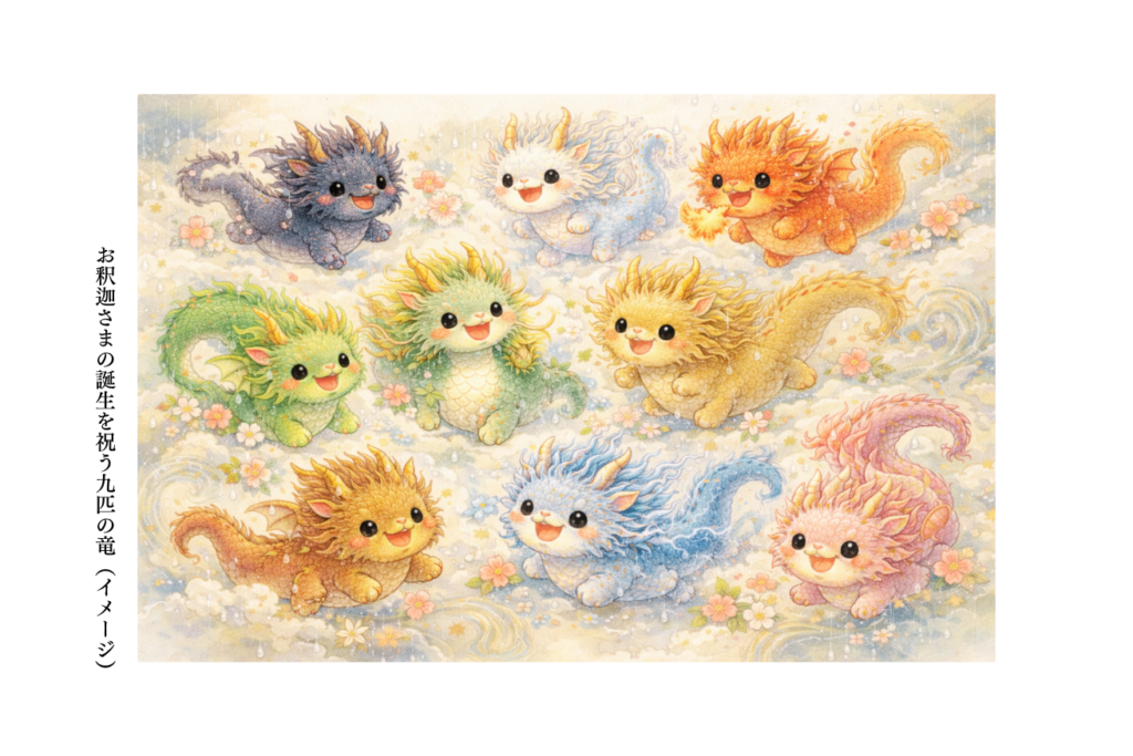 お釈迦さまの誕生を祝う 9匹の竜