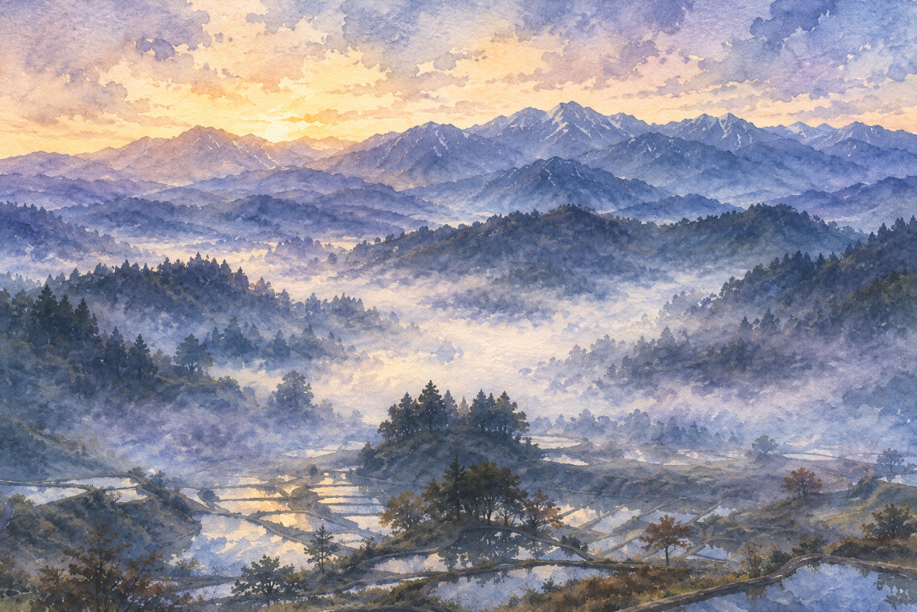 夜明け前の朝霧。連なる山々と水田